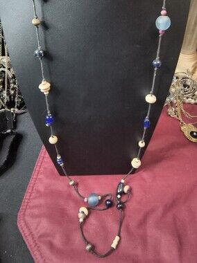 Vintage Artisan Boho Blue and Natural Glass Bead Long Necklace